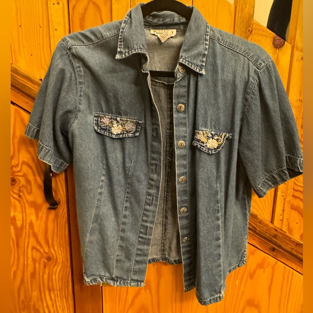 Vintage Time Out Denim Button Top with embroidered pockets
